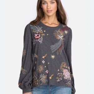 Johnny Was Charcoal Embroidered Long Sleeve Top